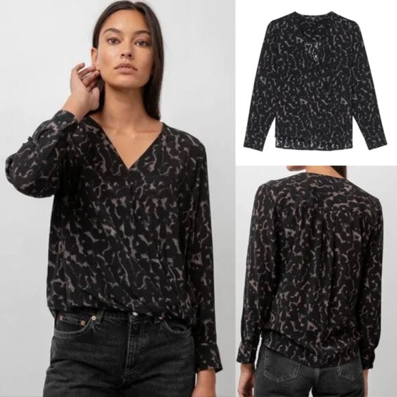 Rails Hillary Diffused Cheetah Print Wrap Blouse Top L Black Long Sleeves $168 - Picture 3 of 16